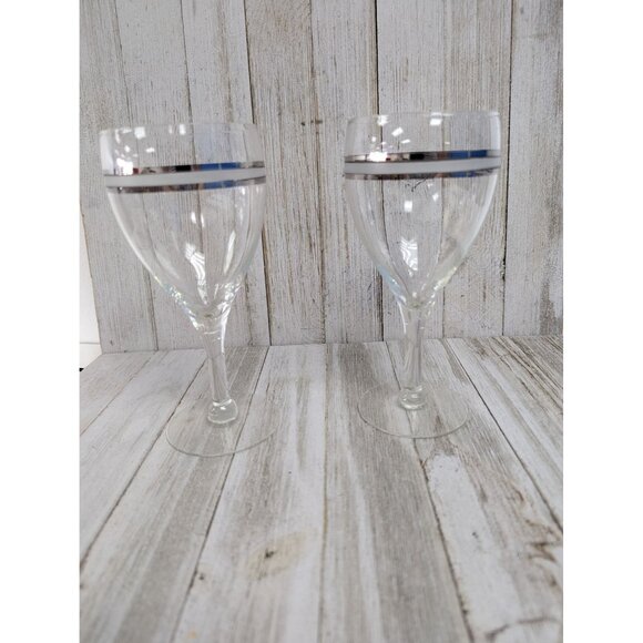 Wine Goblets Champagne Glasses 6 7/8" Stemmed Set of 2 Silver Bands - Picture 1 of 4